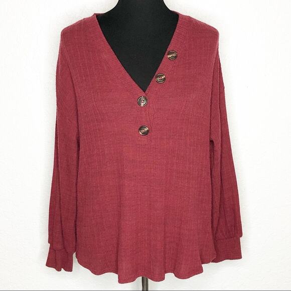 Soft Surroundings deep red textured button v neck top size Medium - Picture 1 of 14